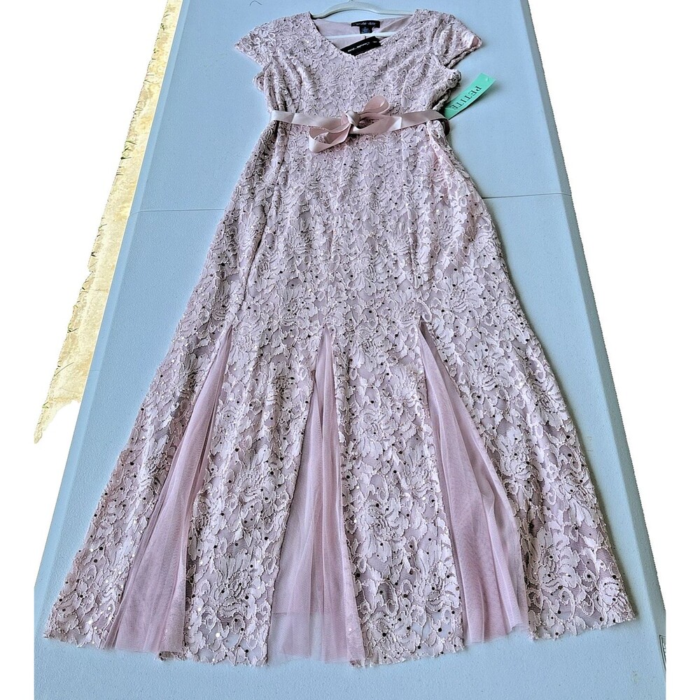 Candalite Petite Lace Filigree Maxi Dress Gown Formal Wedding size PL Pink